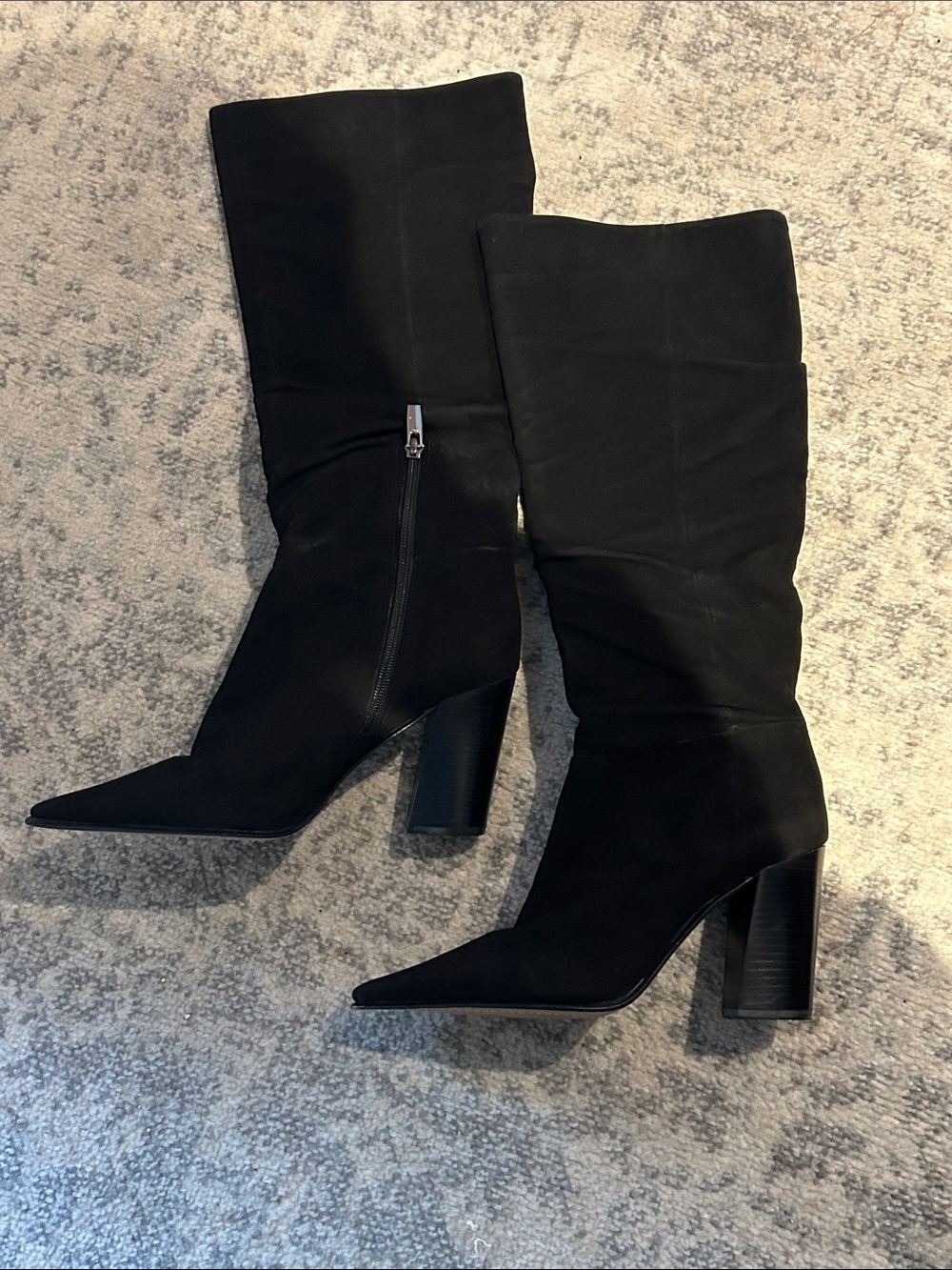 Vince Camuto Black Suede Pointed-Toe Mid-Calf Block Heel Boots
